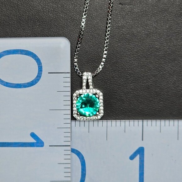 Square Halo Pendant Necklace With Emerald Green Gemstone & Silver Chain - Picture 5 of 5